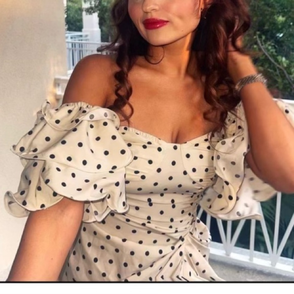 Pretty Little Thing Bardot Strapless Frill Sleeve Polka Dot Midi Dress 2